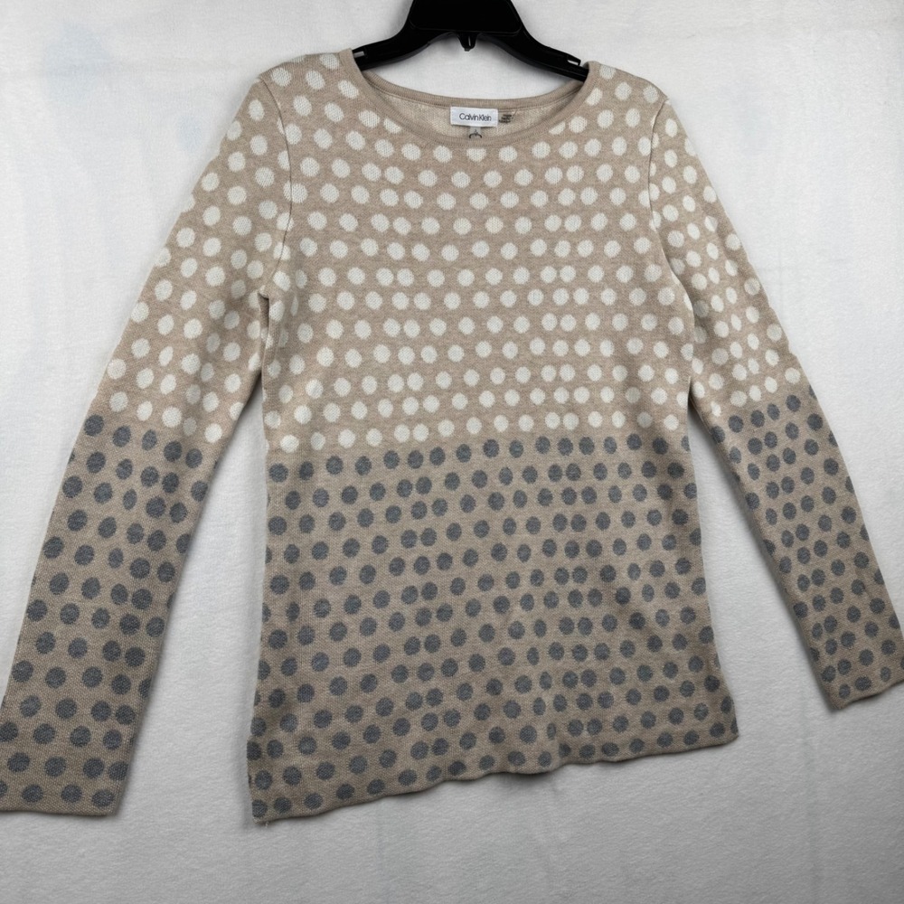 Calvin Klein Women's Polka Dot Knit Sweater Top Crew Neck‎ Beige Grey S